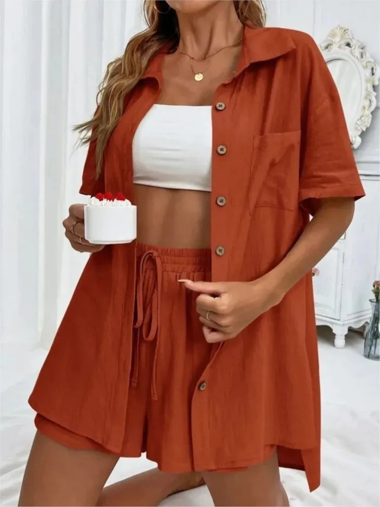 2 piece set Women's Solid Button Front Shirt & Tie Front Shorts Set