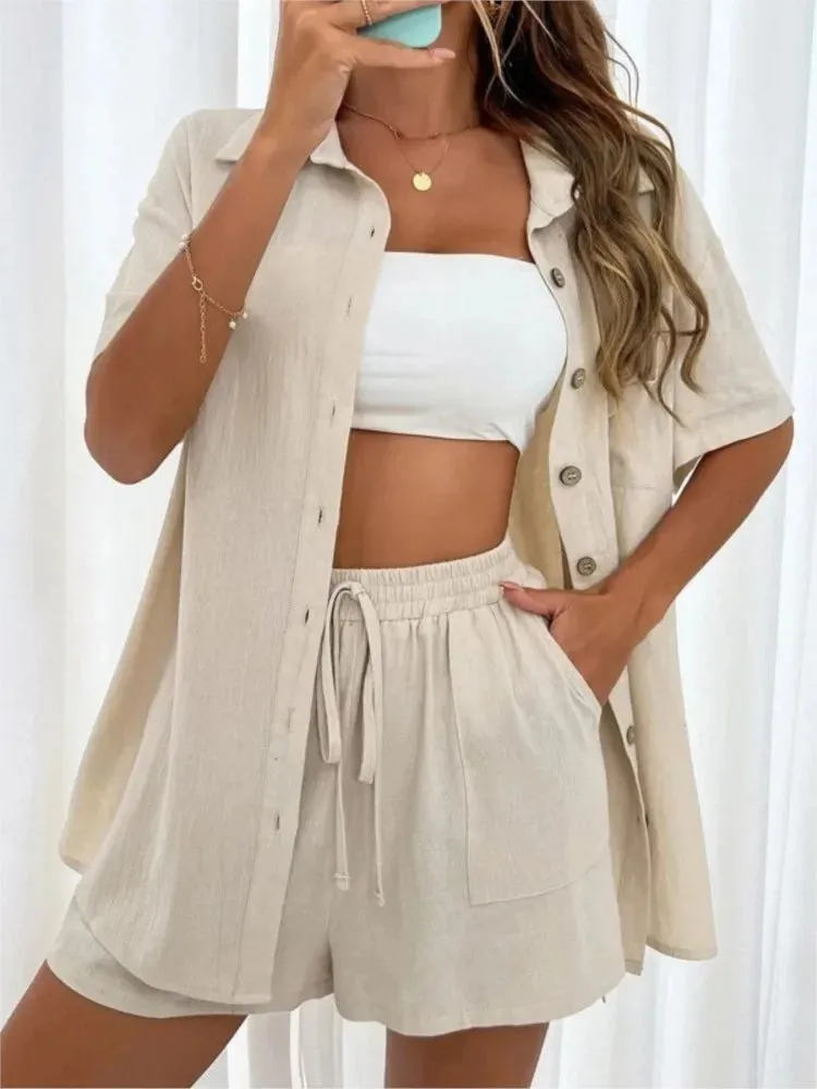 2 piece set Women's Solid Button Front Shirt & Tie Front Shorts Set