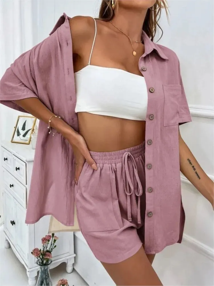 2 piece set Women's Solid Button Front Shirt & Tie Front Shorts Set