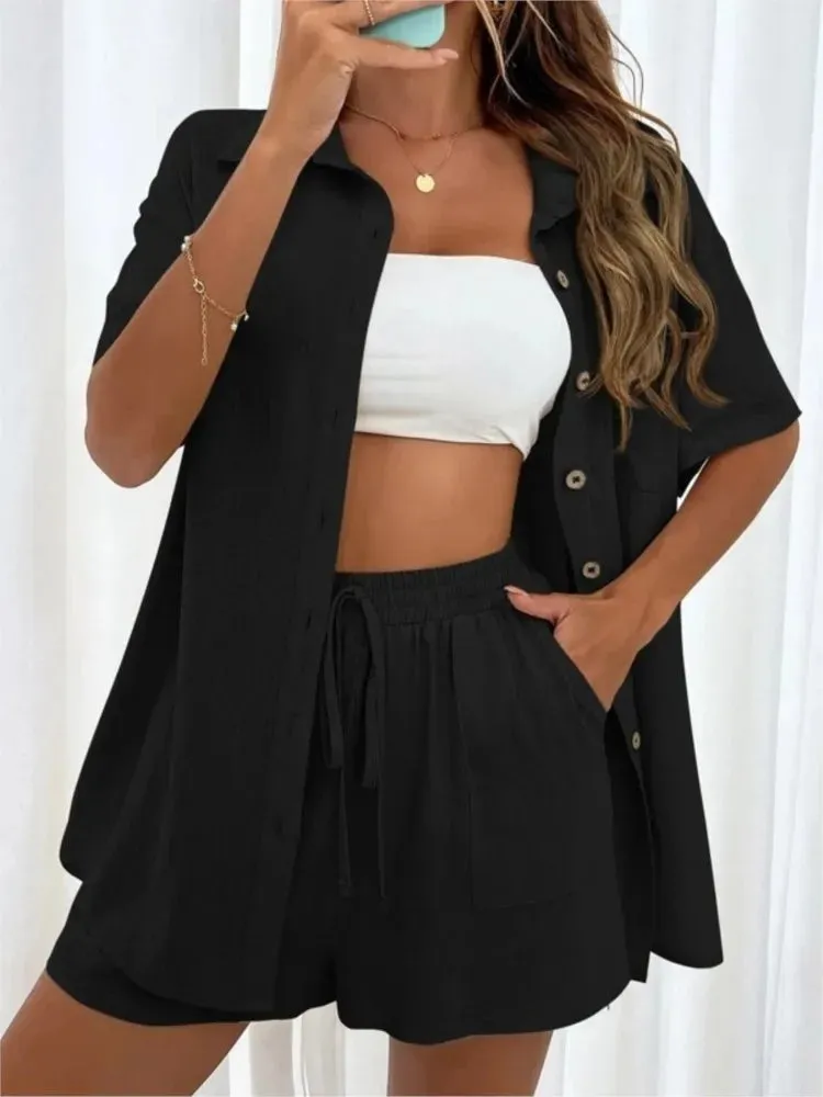 2 piece set Women's Solid Button Front Shirt & Tie Front Shorts Set