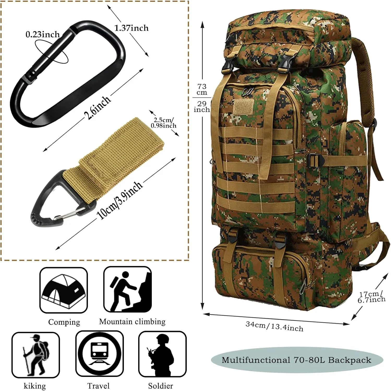 70L Hiking Backpack for Men, Waterproof Lightweight Camping Backpack, Military Rucksack with Molle, 3-Day Assault Pack for Travel, Climbing, Outdoor Sports (Green Camouflage)