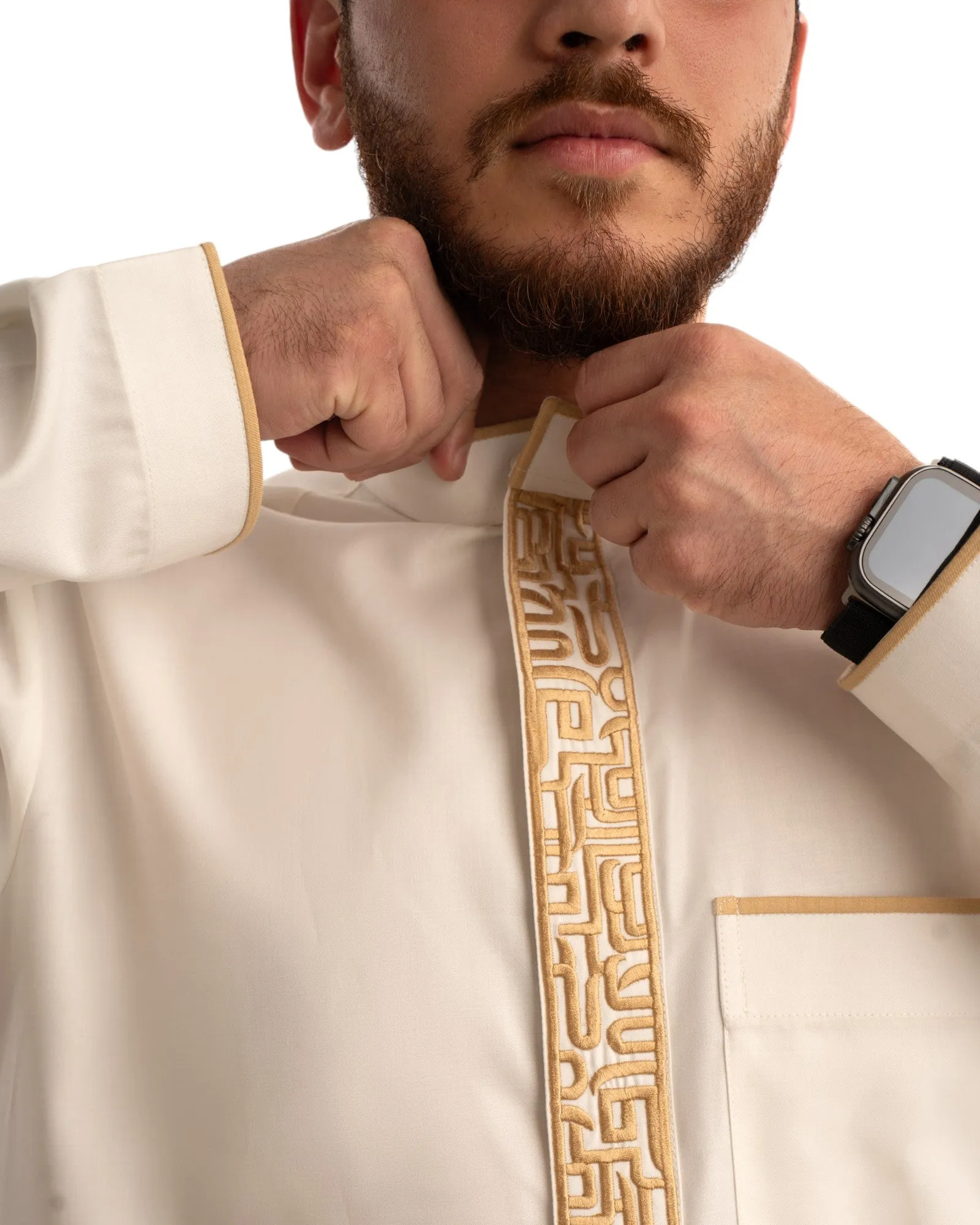 Al Dahab Cream Embroidered Collar Thobe