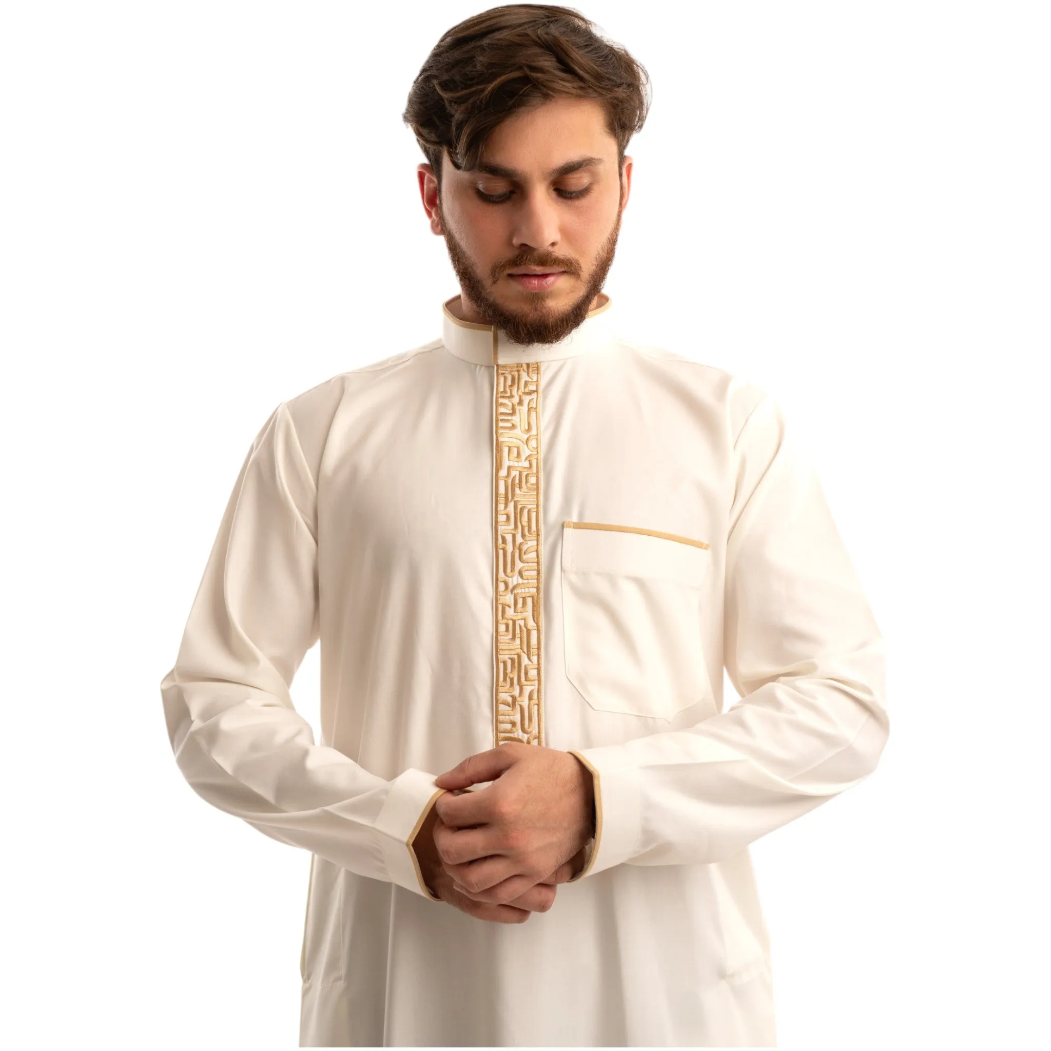 Al Dahab Cream Embroidered Collar Thobe