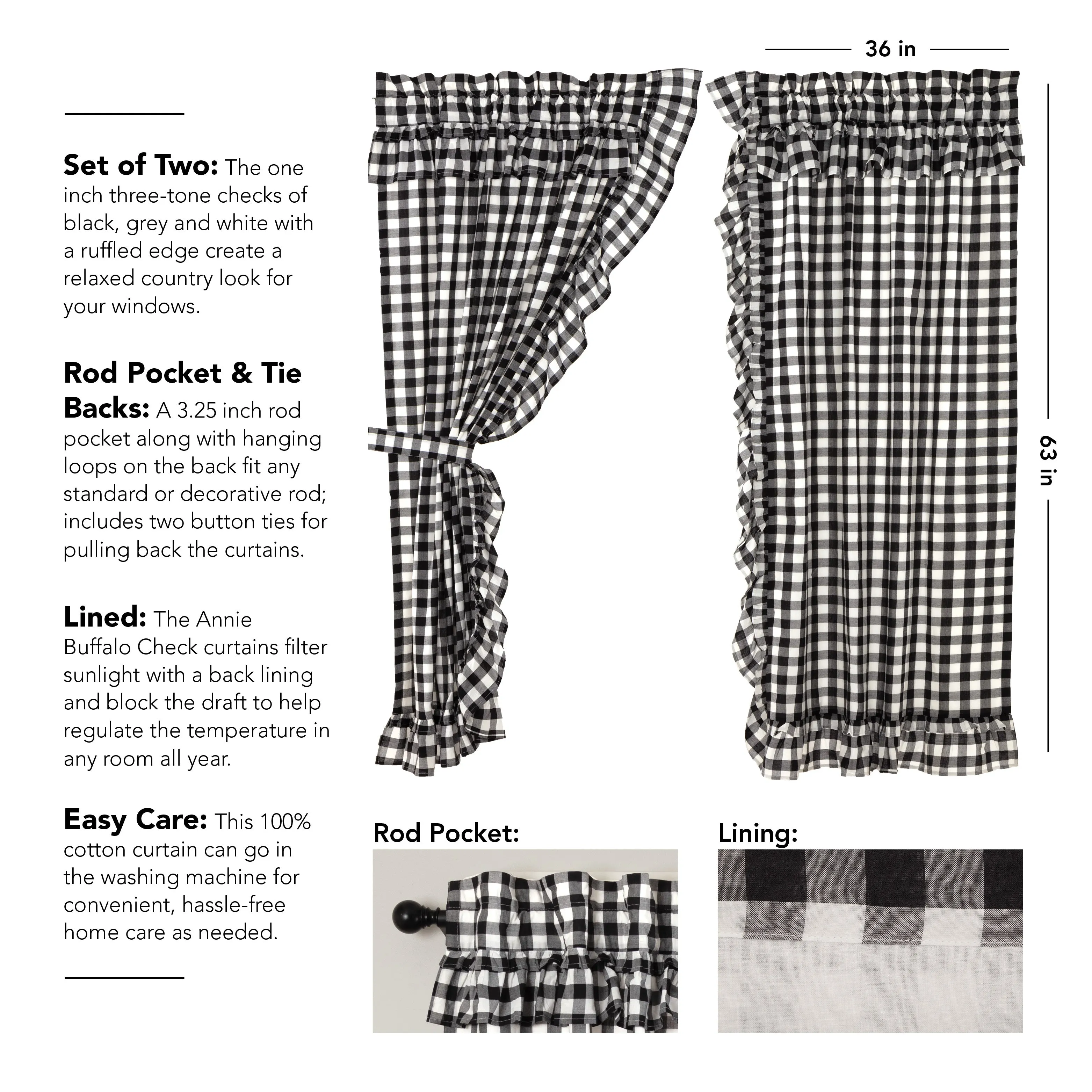 Annie Buffalo Black Check Ruffled Short Panel Set of 2 63x36