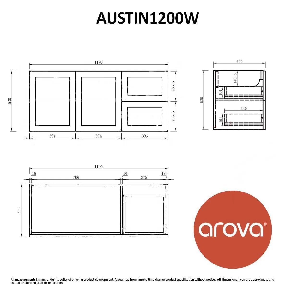 AUSTIN 1200mm Wall Hung Bathroom Vanity Right Hand Side