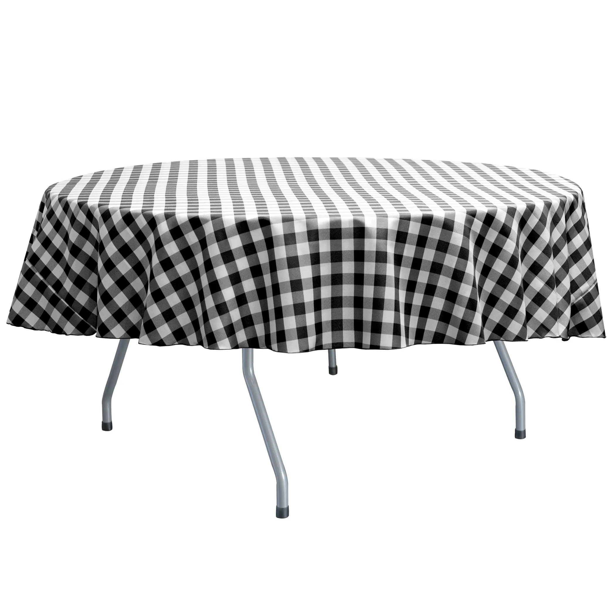 Black / White 90" Round Poly Check Tablecloth