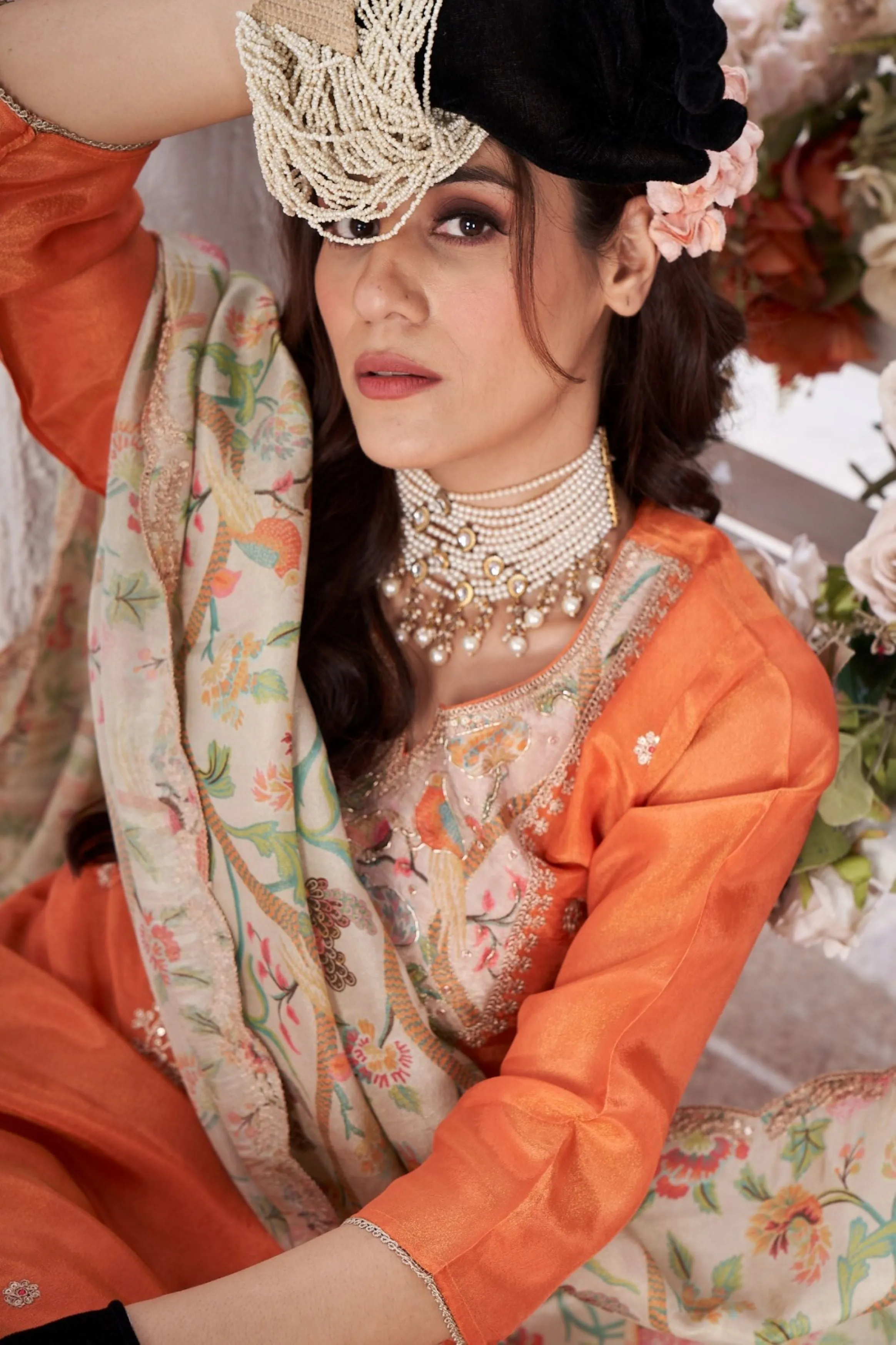 Bright Orange Embellished Raw Silk Pant Kurta Set