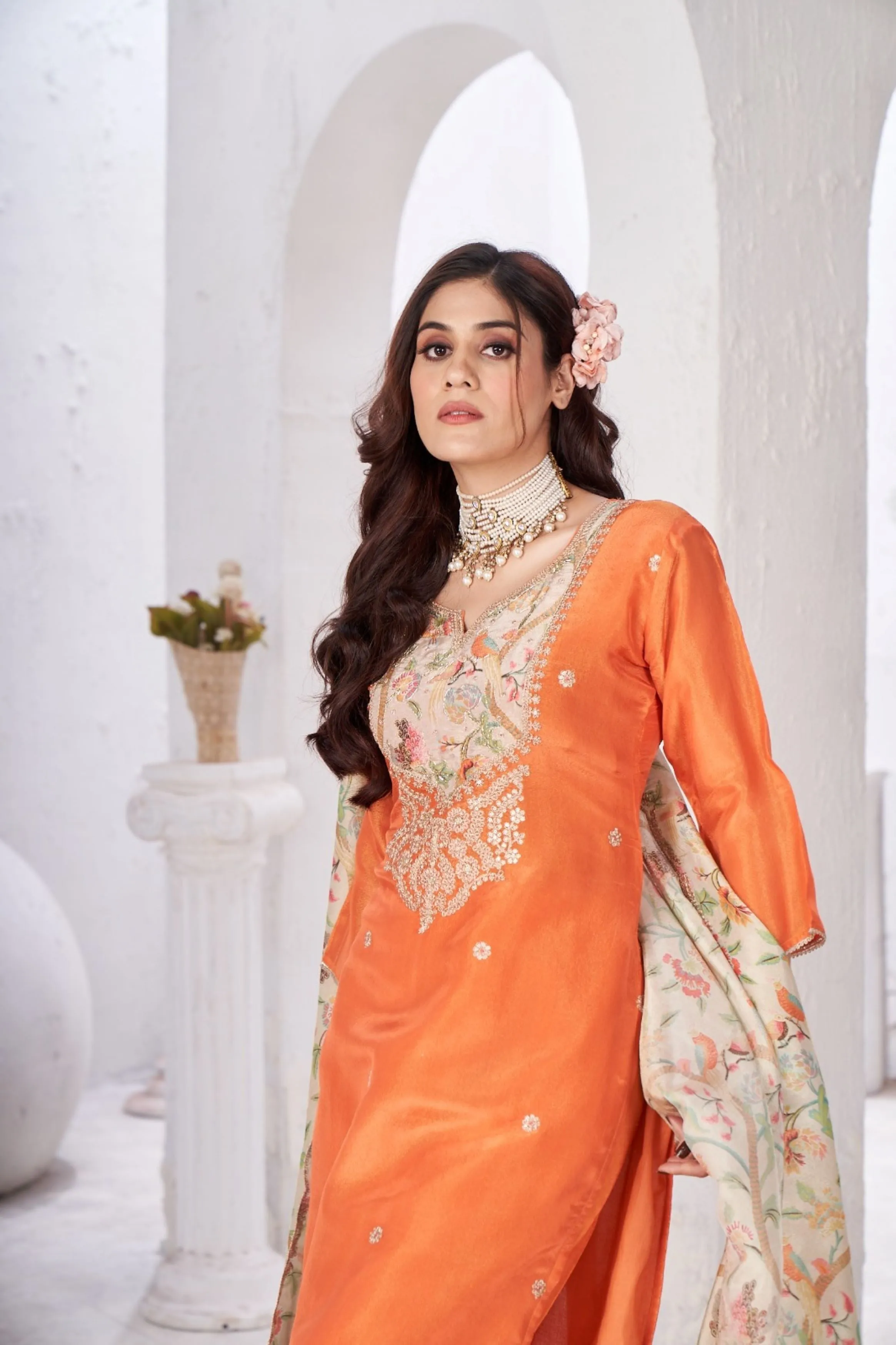 Bright Orange Embellished Raw Silk Pant Kurta Set