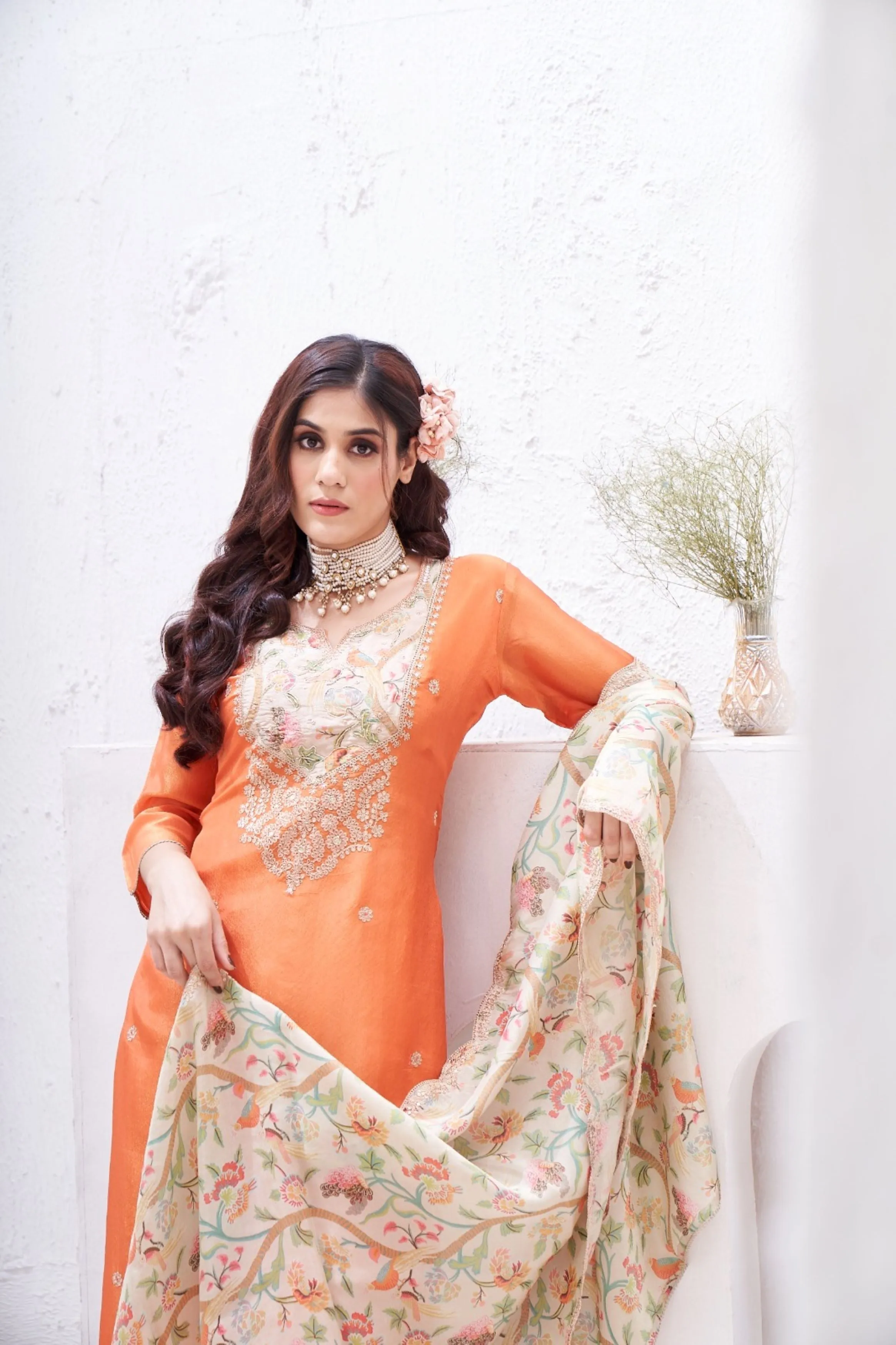 Bright Orange Embellished Raw Silk Pant Kurta Set
