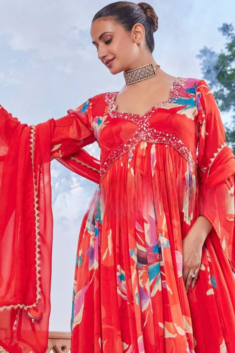 Bright Orange Floral Printed Chinon Silk Anarkali Set