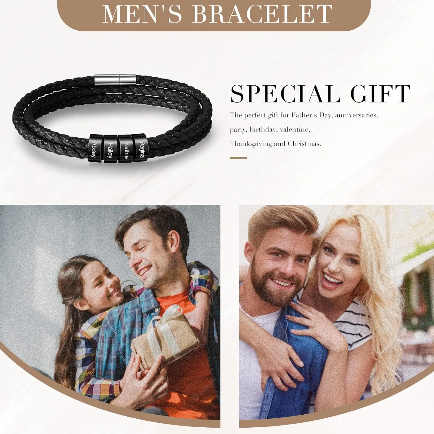 Custom Men's Bracelets with 2-5 Names Personalized Leather Bracelets for Men Stainless Steel Beaded Braided Mens Cuff Bracelet Engraving Text Customized Gifts for Men Dad