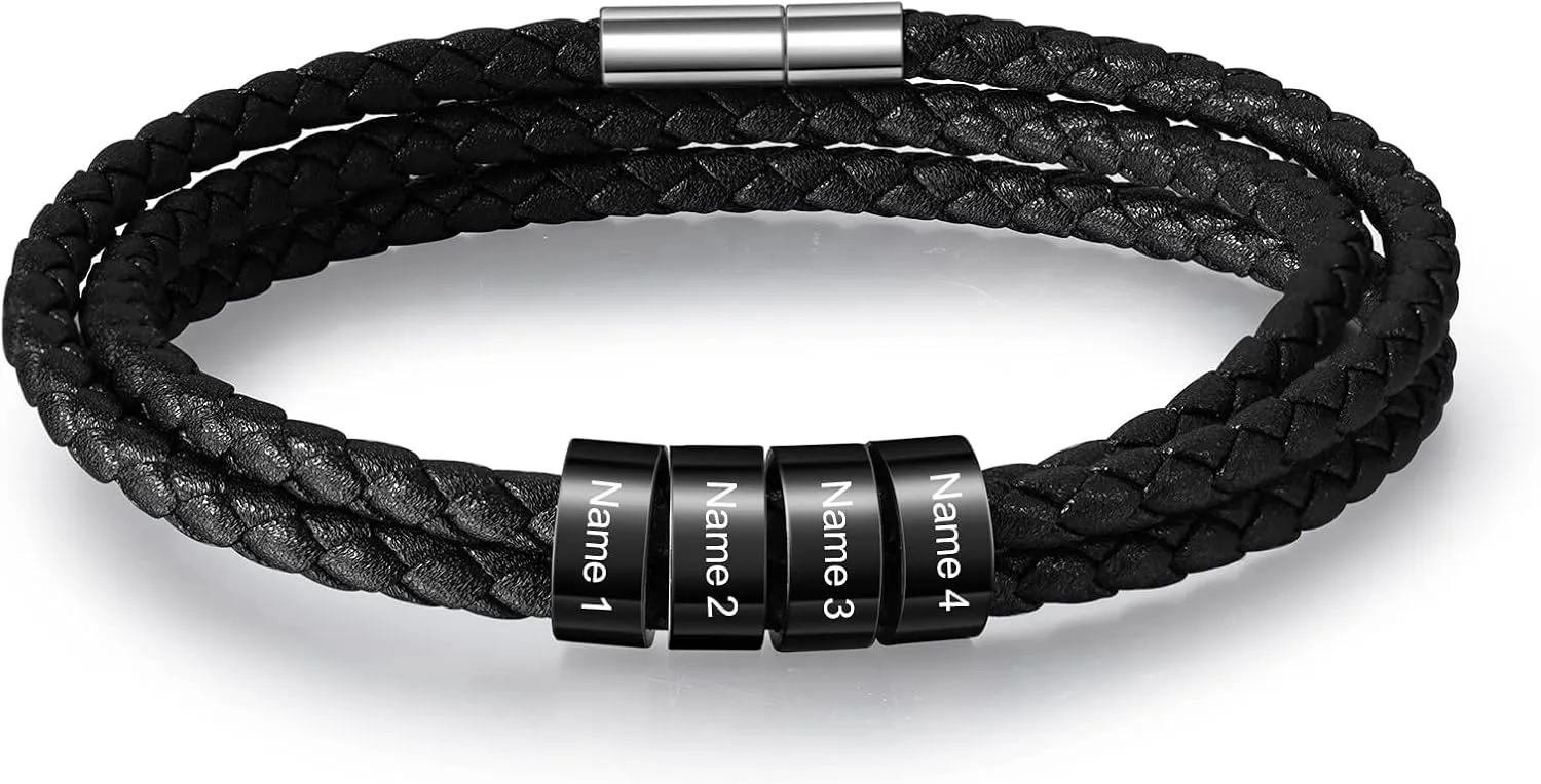 Custom Men's Bracelets with 2-5 Names Personalized Leather Bracelets for Men Stainless Steel Beaded Braided Mens Cuff Bracelet Engraving Text Customized Gifts for Men Dad