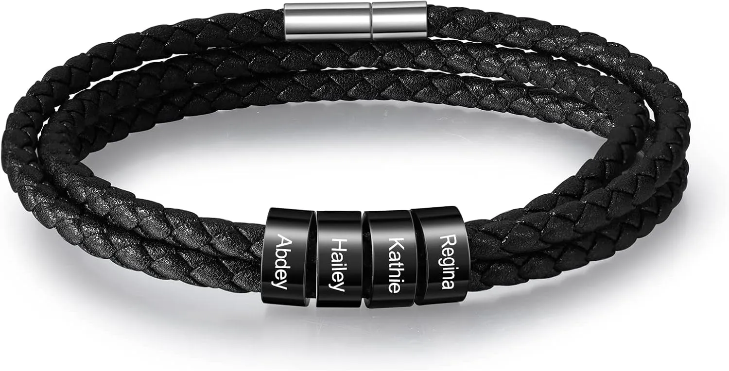Custom Men's Bracelets with 2-5 Names Personalized Leather Bracelets for Men Stainless Steel Beaded Braided Mens Cuff Bracelet Engraving Text Customized Gifts for Men Dad