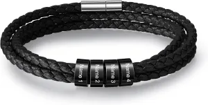 Custom Men's Bracelets with 2-5 Names Personalized Leather Bracelets for Men Stainless Steel Beaded Braided Mens Cuff Bracelet Engraving Text Customized Gifts for Men Dad