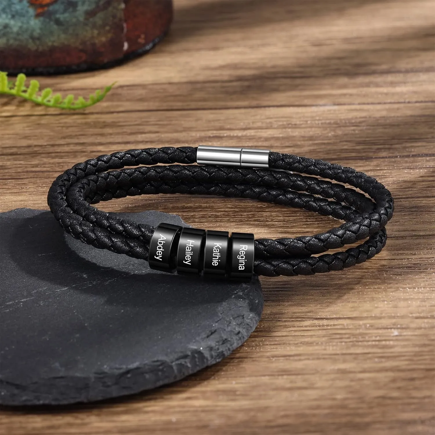 Custom Men's Bracelets with 2-5 Names Personalized Leather Bracelets for Men Stainless Steel Beaded Braided Mens Cuff Bracelet Engraving Text Customized Gifts for Men Dad