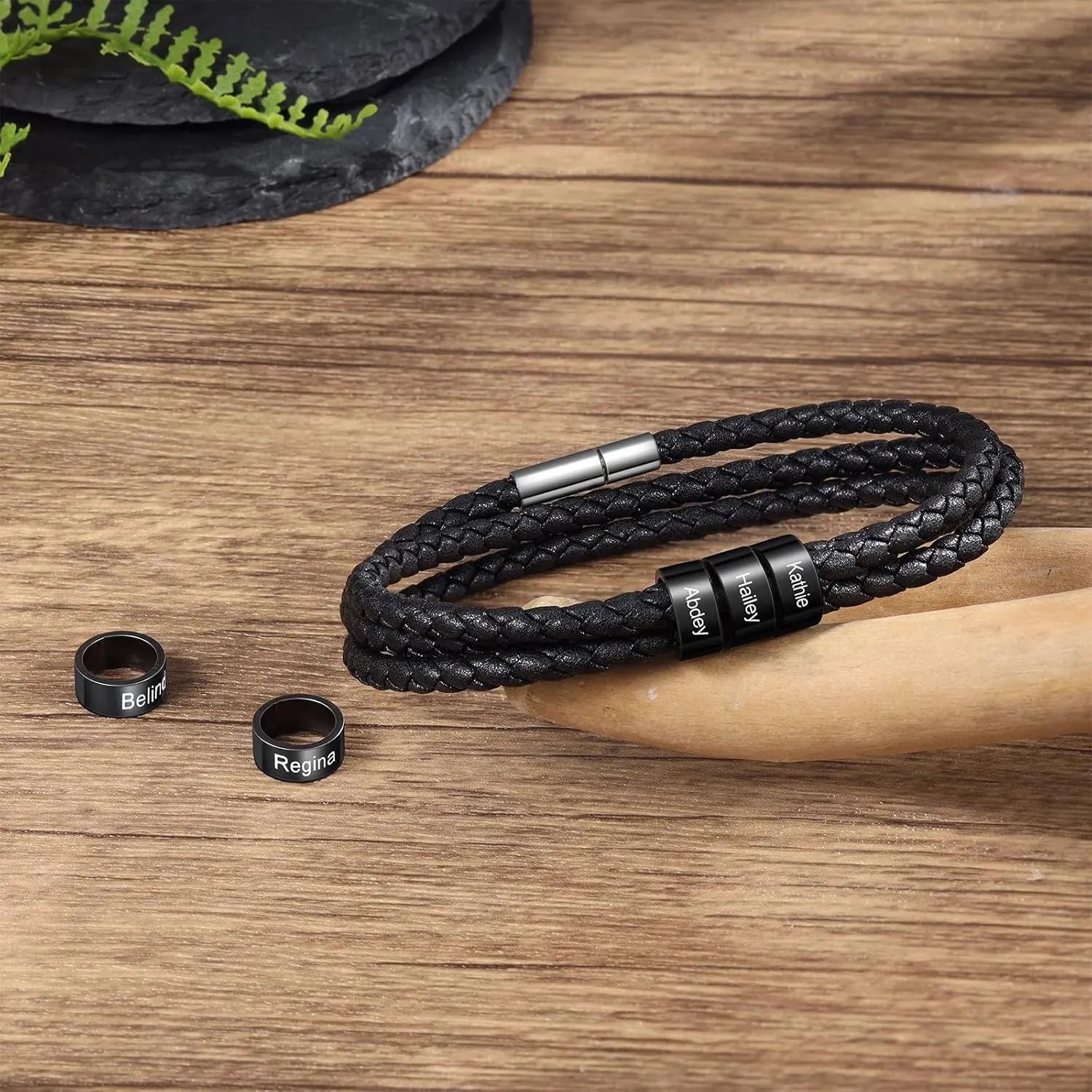 Custom Men's Bracelets with 2-5 Names Personalized Leather Bracelets for Men Stainless Steel Beaded Braided Mens Cuff Bracelet Engraving Text Customized Gifts for Men Dad