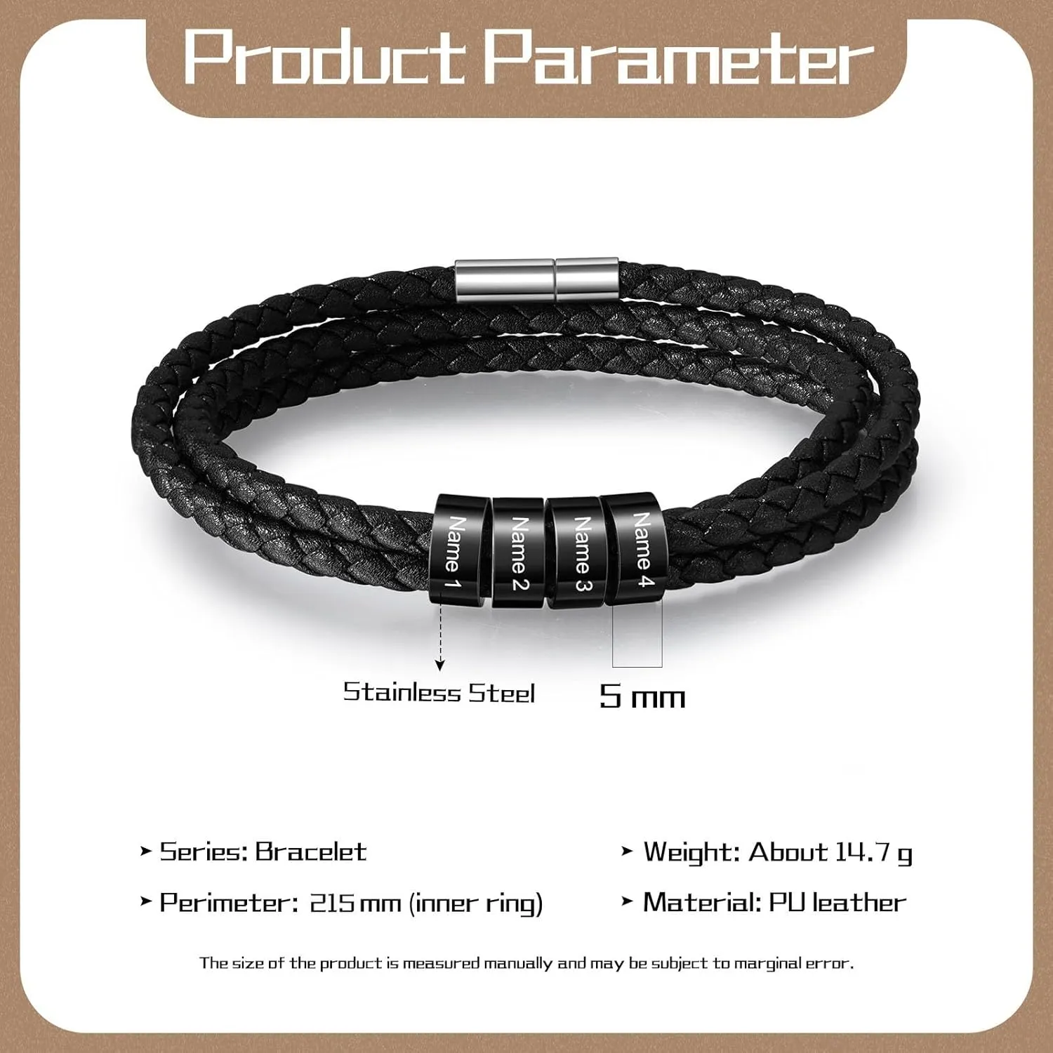 Custom Men's Bracelets with 2-5 Names Personalized Leather Bracelets for Men Stainless Steel Beaded Braided Mens Cuff Bracelet Engraving Text Customized Gifts for Men Dad