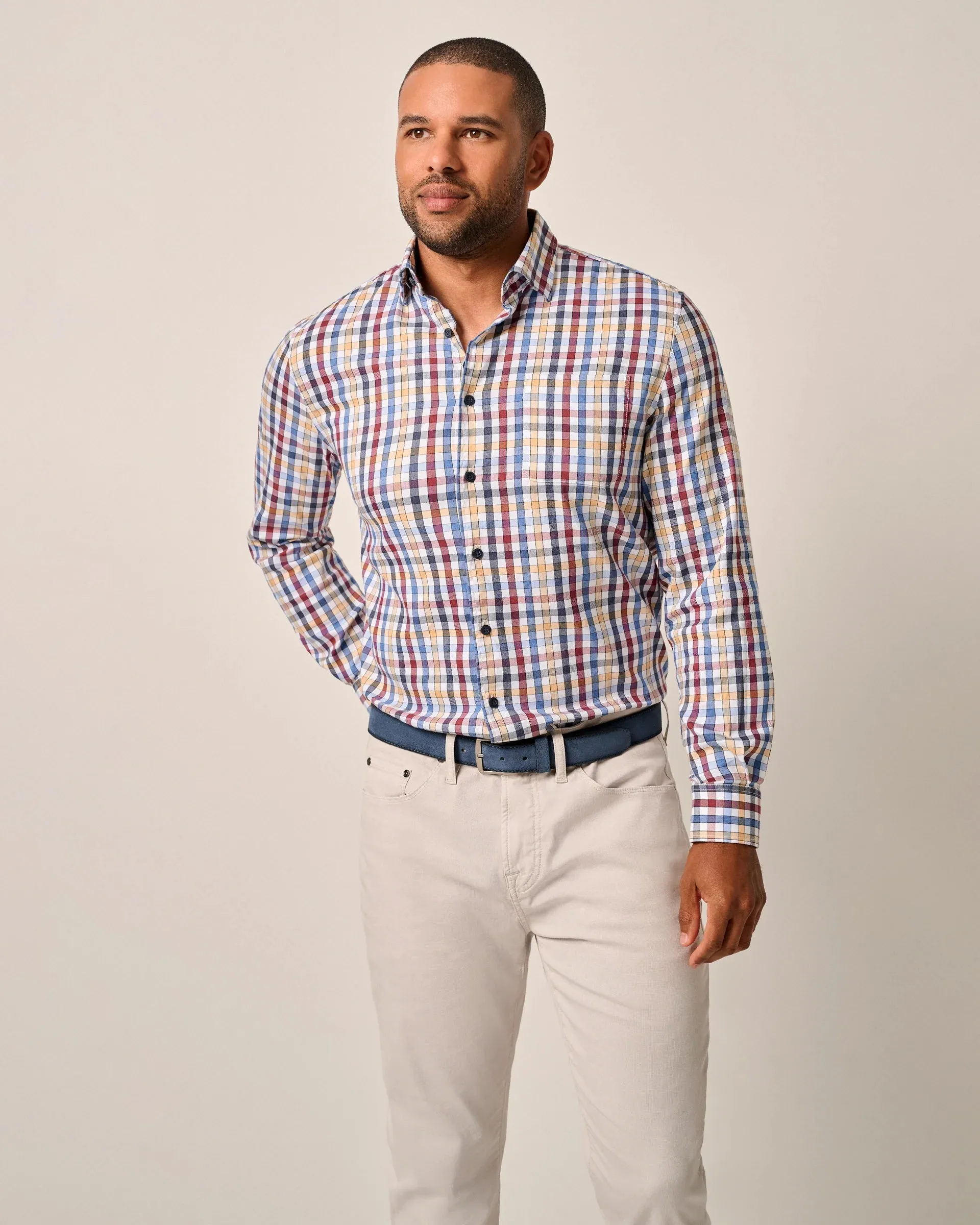 Dartmouth Tucked Cotton Blend Button Up Shirt in Merlot by Johnnie-O