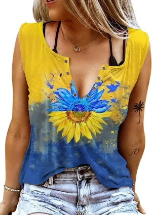 ETCYY Women Sleeveless V Neck Tank Tops Floral Print Loose Fit Causal Summer Country Music Ring Hole T Shirts