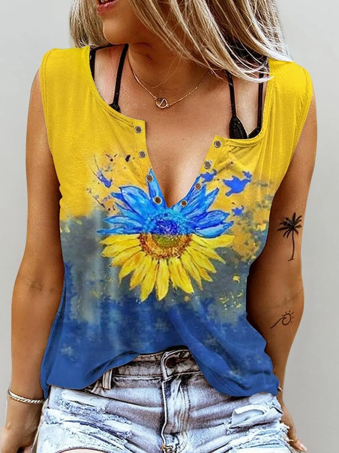 ETCYY Women Sleeveless V Neck Tank Tops Floral Print Loose Fit Causal Summer Country Music Ring Hole T Shirts