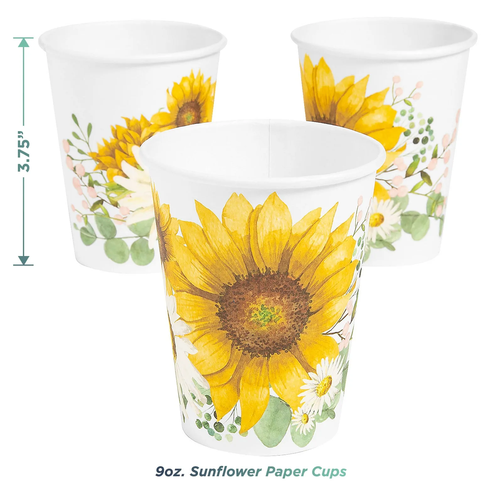 Farmhouse Sunflower Party Paper Dessert Plates, Napkins, Cups, Table Runner, and Garland Set (Serves 16)