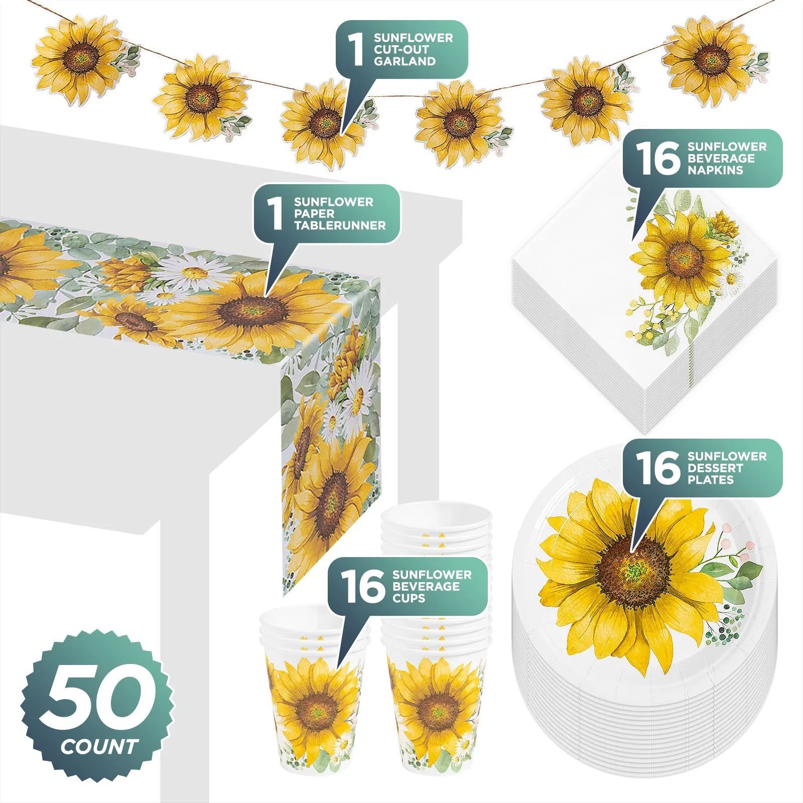 Farmhouse Sunflower Party Paper Dessert Plates, Napkins, Cups, Table Runner, and Garland Set (Serves 16)