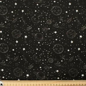 Galaxy Collection #01 White Sketch Planets & UFO on Black Cotton Prints