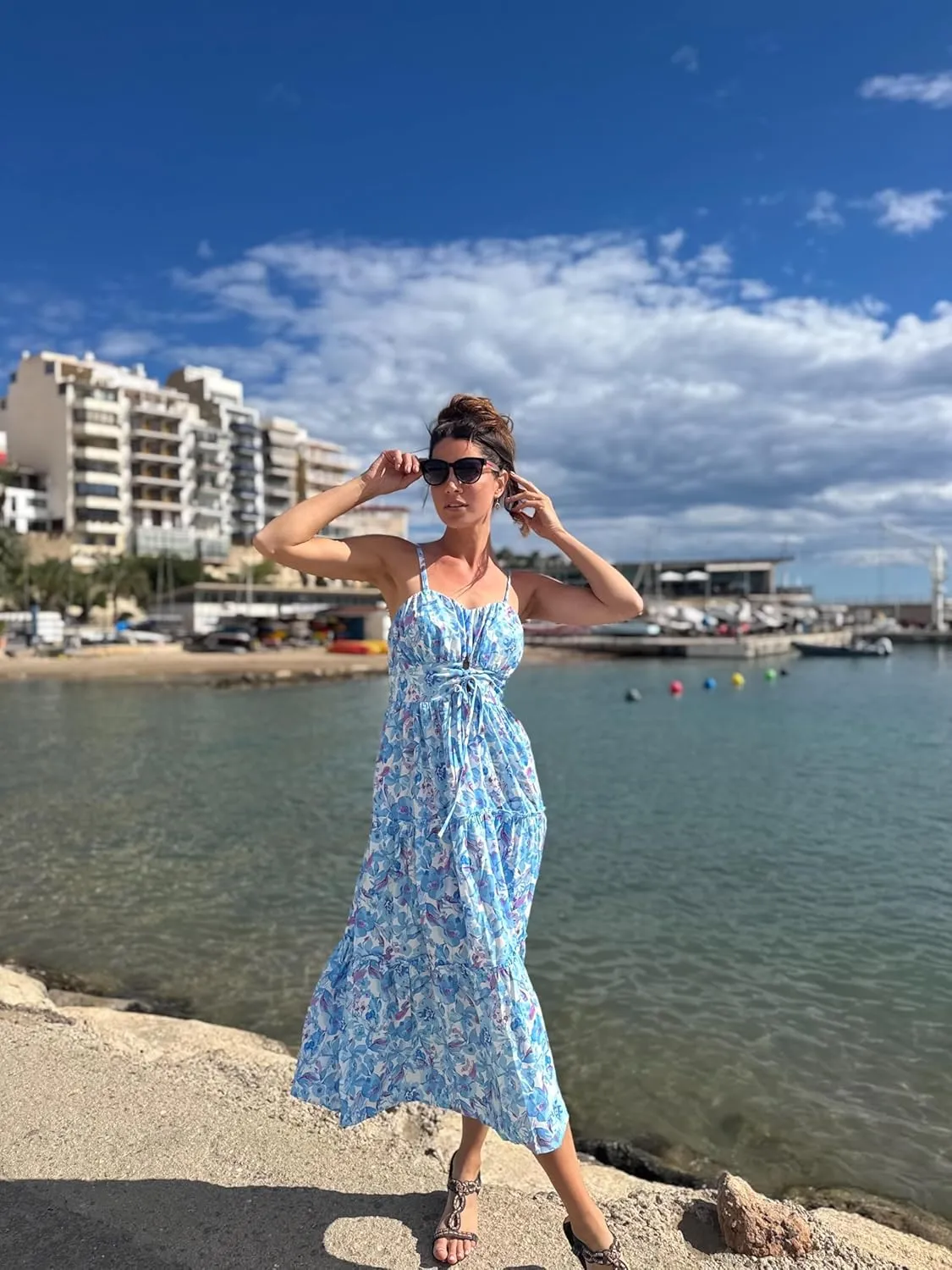 GRACE KARIN Women's Summer Floral Dress 2025 Spaghetti Strap Smocked Tiered Casual Boho Maxi Long Sundress with Pockets