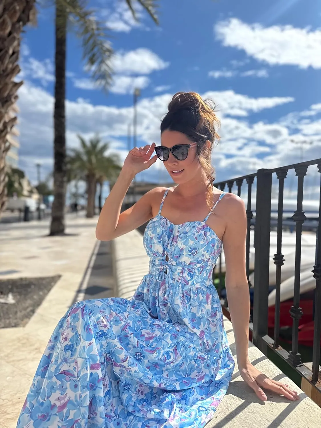 GRACE KARIN Women's Summer Floral Dress 2025 Spaghetti Strap Smocked Tiered Casual Boho Maxi Long Sundress with Pockets