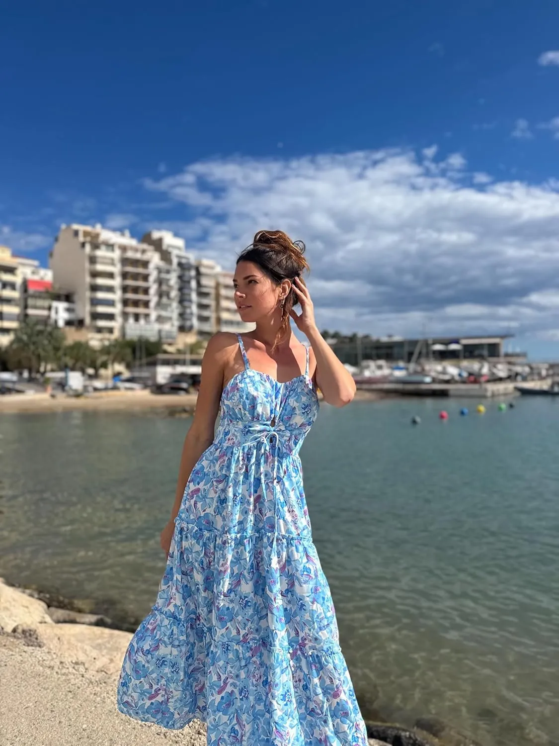 GRACE KARIN Women's Summer Floral Dress 2025 Spaghetti Strap Smocked Tiered Casual Boho Maxi Long Sundress with Pockets