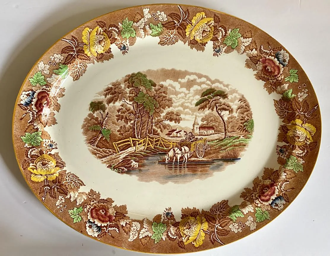 HUGE 21.5" Vintage Brown Transferware Platter Woods English Scenery Horse & Cart Farmhouse Roses