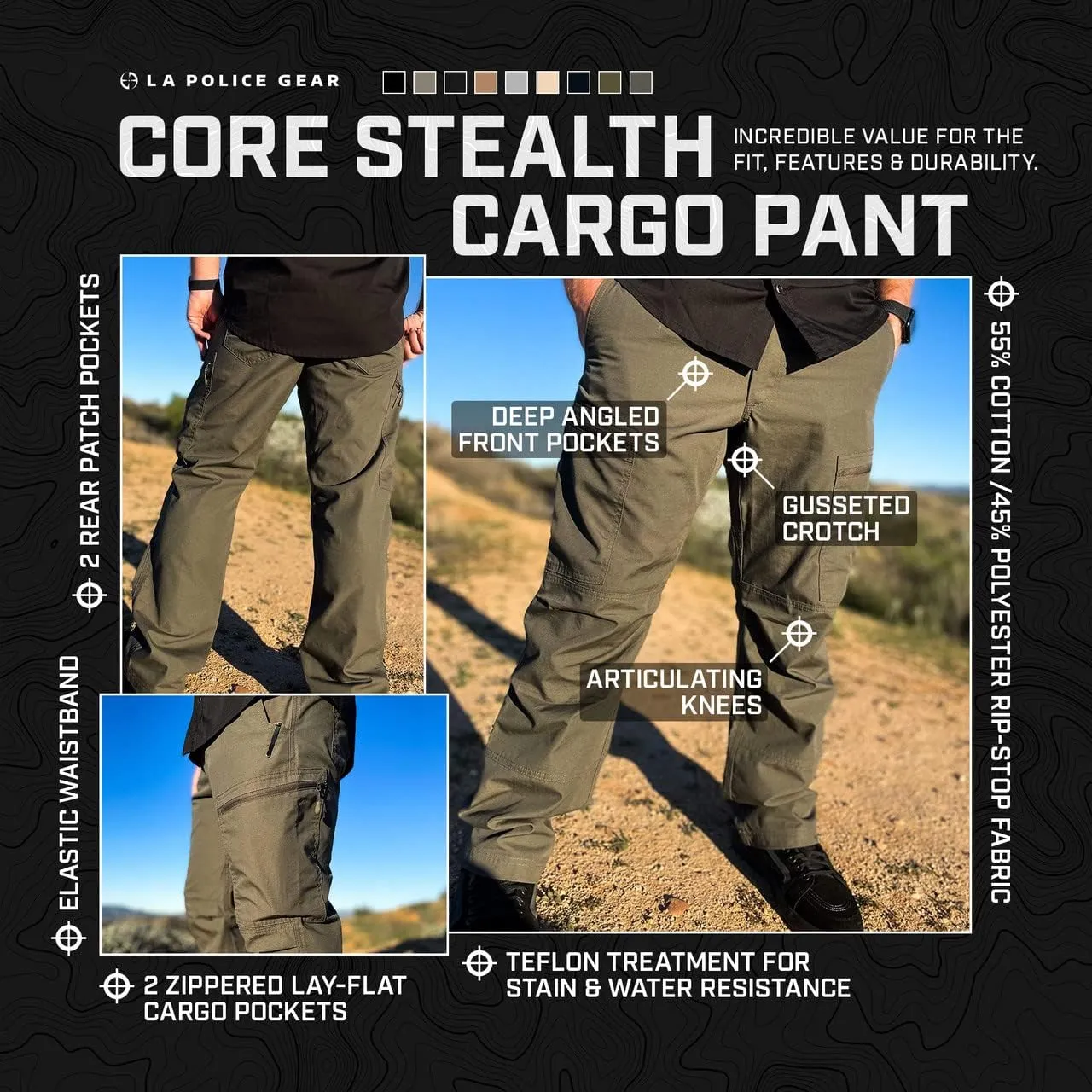 LAPG Men's Core Stealth Cargo Pant, Lightweight Elastic Waistband EDC Pants, Durable Ripstop Cargo Pants for Men