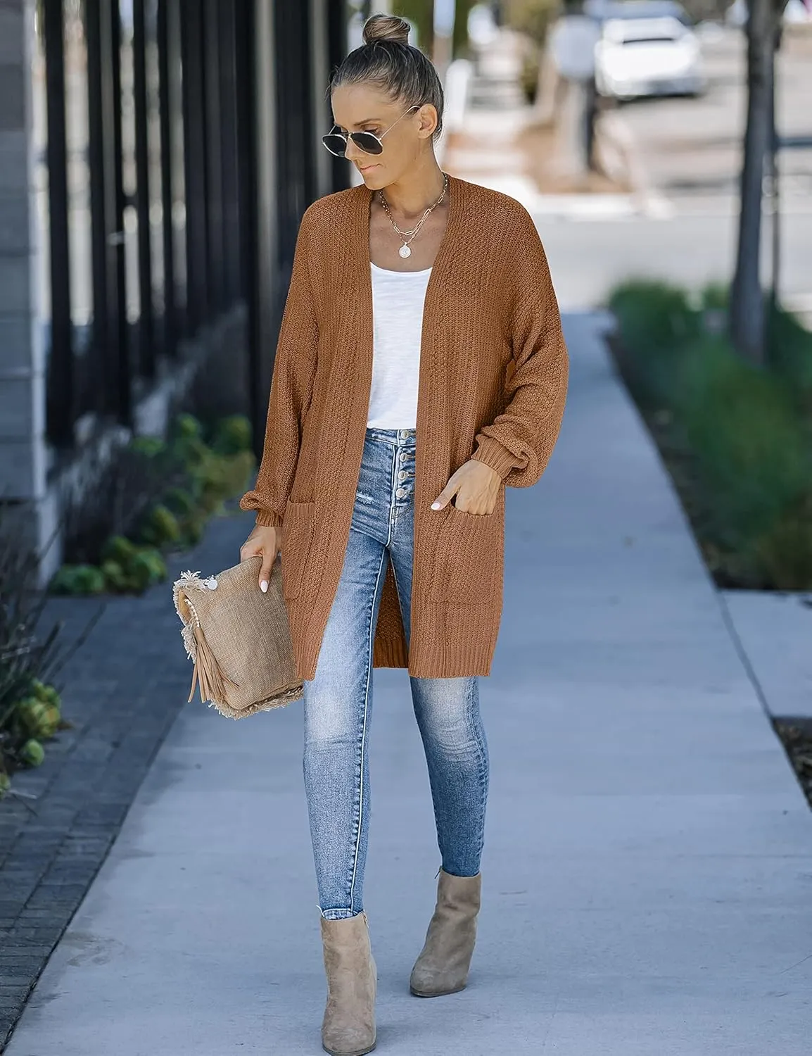 MEROKEETY Women's 2025 Fall Open Front Chunky Knit Sweater Oversized Lantern Sleeve Cardigan Outwear