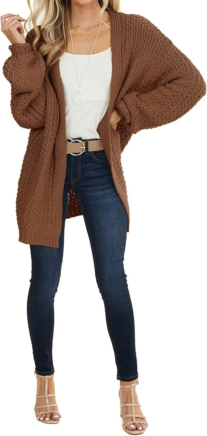 MEROKEETY Women's 2025 Fall Open Front Chunky Knit Sweater Oversized Lantern Sleeve Cardigan Outwear