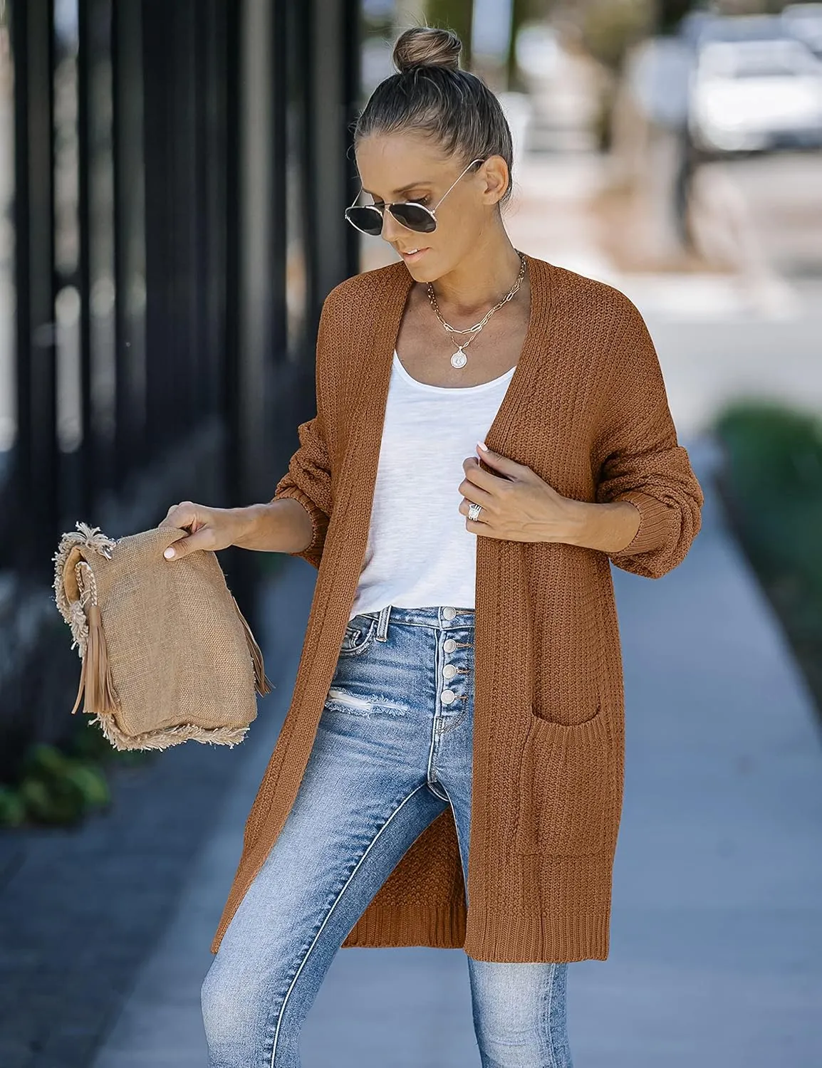 MEROKEETY Women's 2025 Fall Open Front Chunky Knit Sweater Oversized Lantern Sleeve Cardigan Outwear