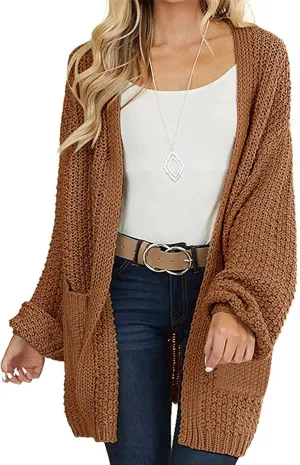 MEROKEETY Women's 2025 Fall Open Front Chunky Knit Sweater Oversized Lantern Sleeve Cardigan Outwear