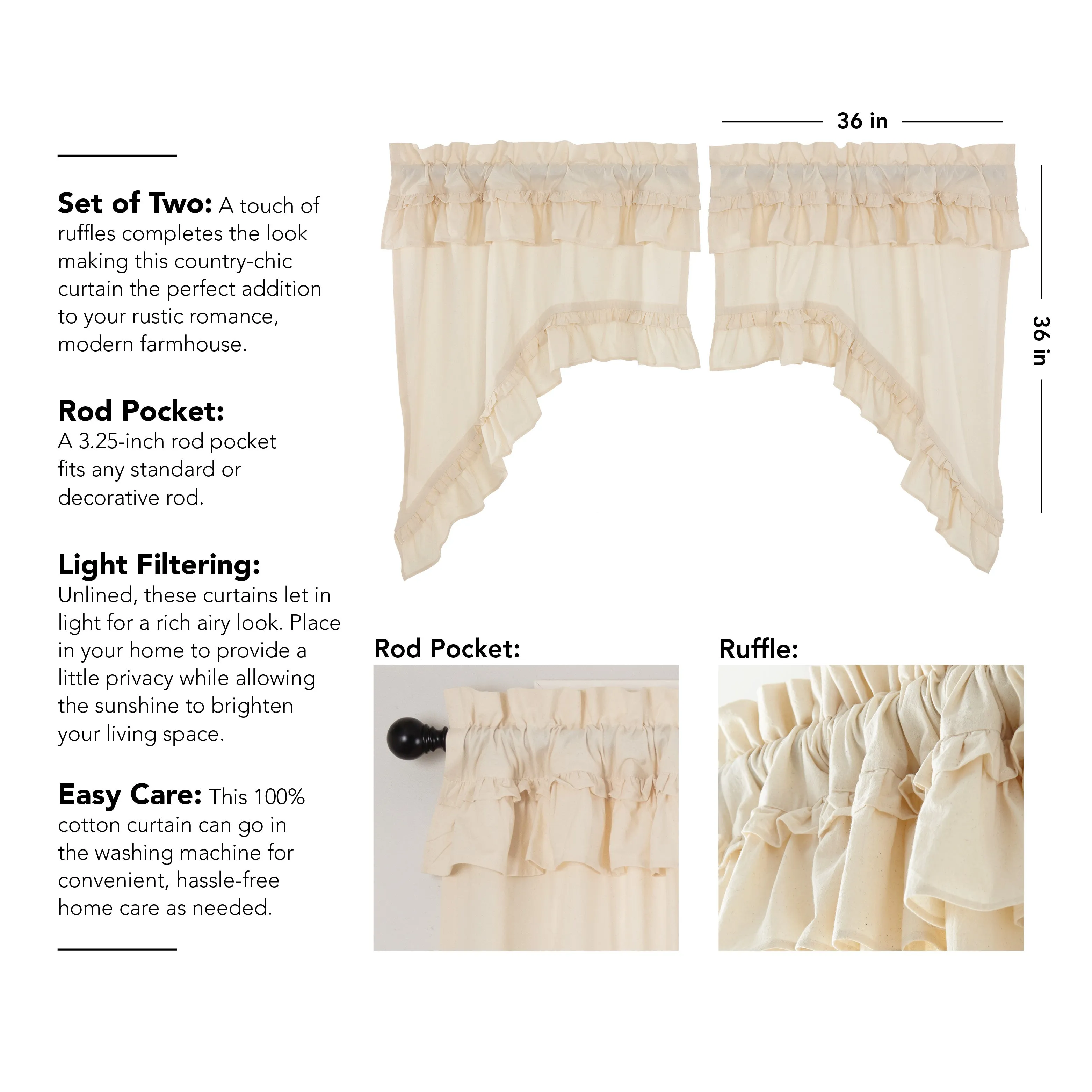 Muslin Ruffled Unbleached Natural Swag Set of 2 36x36x16