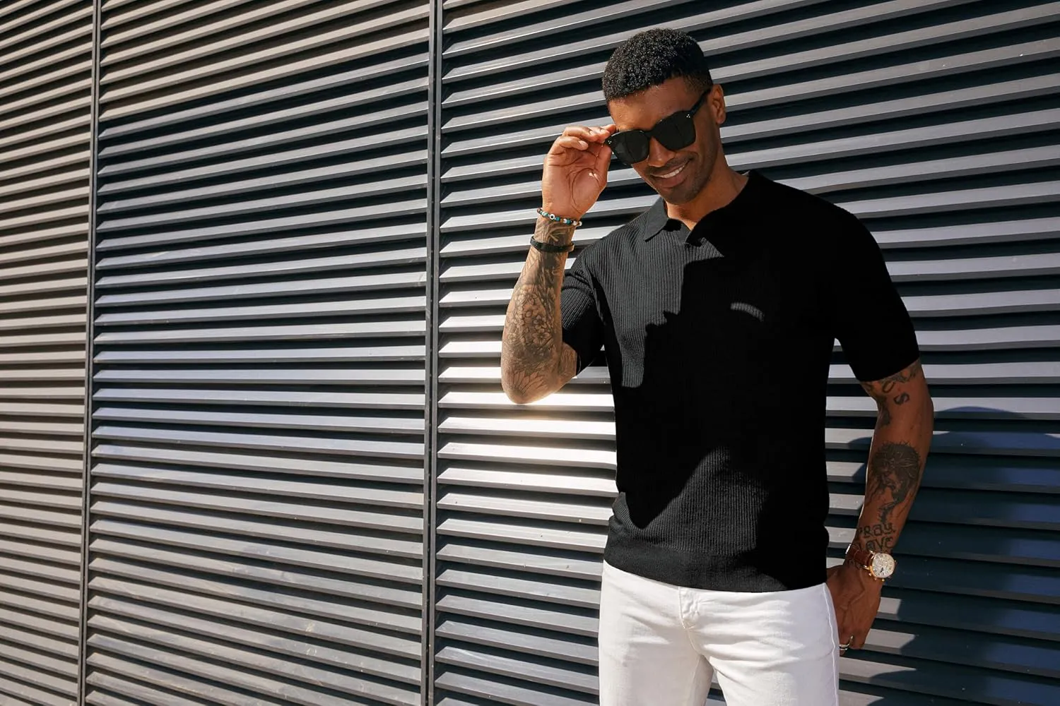 PJ PAUL JONES Mens Polo Shirts Short Sleeve Casual V Neck Ribbed Textured Knit Polo Shirt