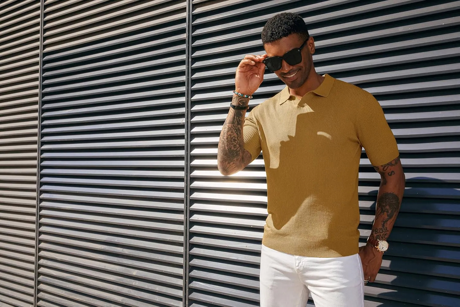 PJ PAUL JONES Mens Polo Shirts Short Sleeve Casual V Neck Ribbed Textured Knit Polo Shirt