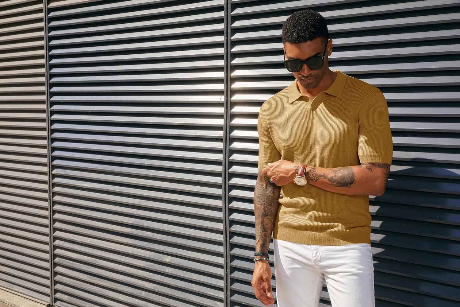 PJ PAUL JONES Mens Polo Shirts Short Sleeve Casual V Neck Ribbed Textured Knit Polo Shirt