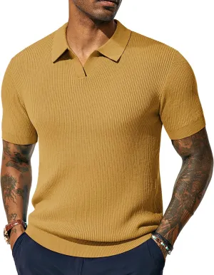 PJ PAUL JONES Mens Polo Shirts Short Sleeve Casual V Neck Ribbed Textured Knit Polo Shirt