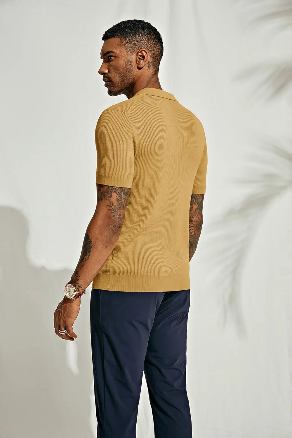 PJ PAUL JONES Mens Polo Shirts Short Sleeve Casual V Neck Ribbed Textured Knit Polo Shirt
