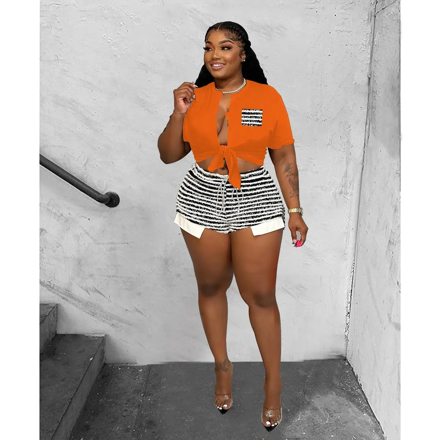 Plus Size Striped Women Shorts Outfit
