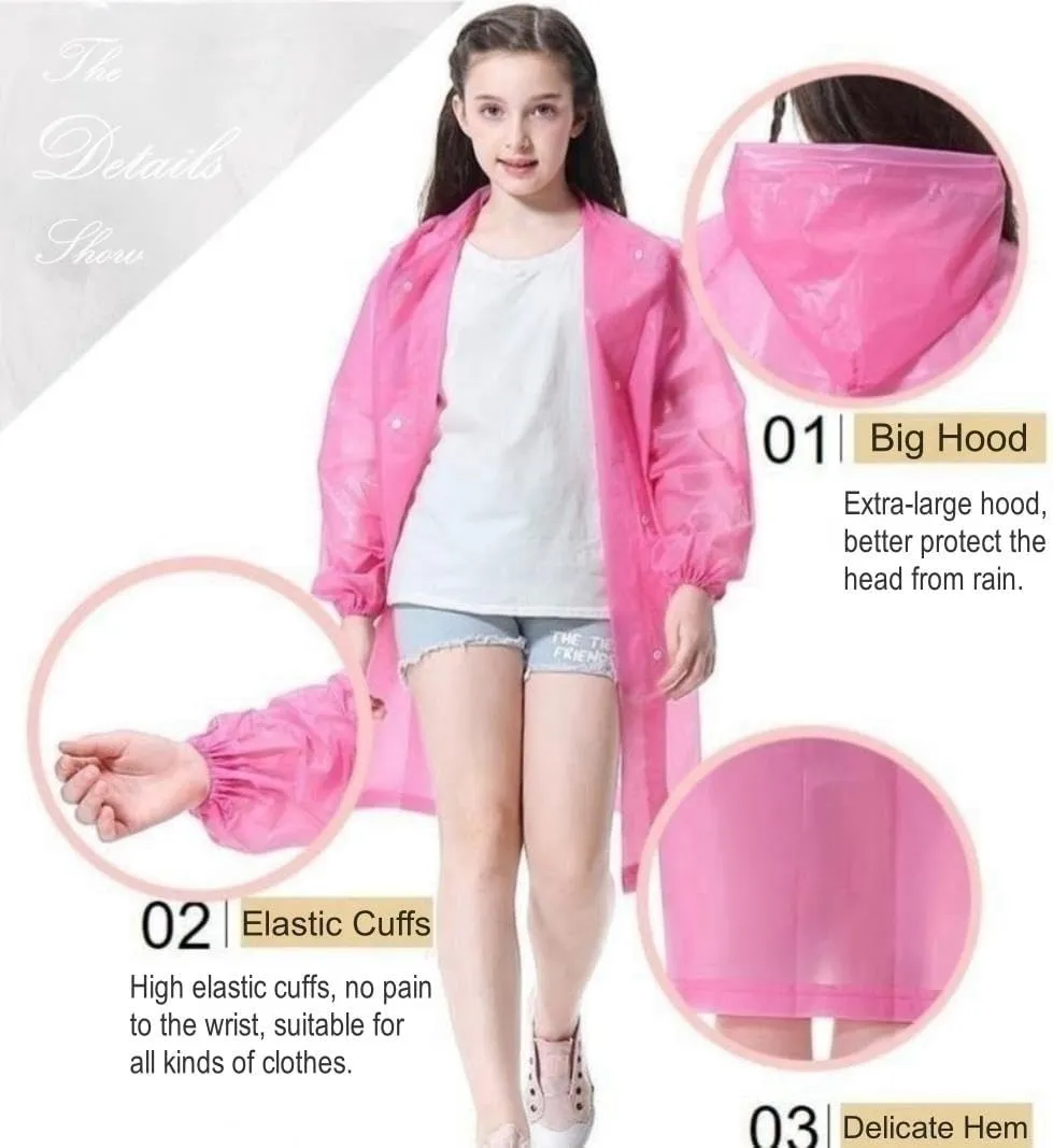 Raincoat Rain Poncho for Kids, 2-5 Pack Reusable EVA Rain Coats for 6-14 Boys Girls, Rain Jackets Gear with Hood