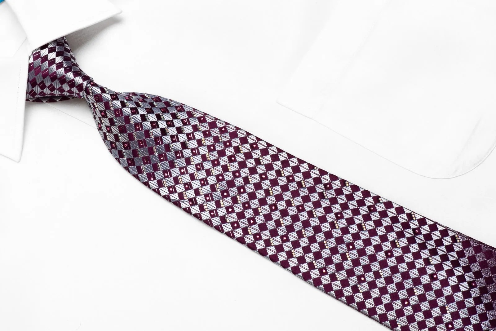 Renoma Mens Crystal Silk Necktie Silver Purple Checkered With Silver Sparkles