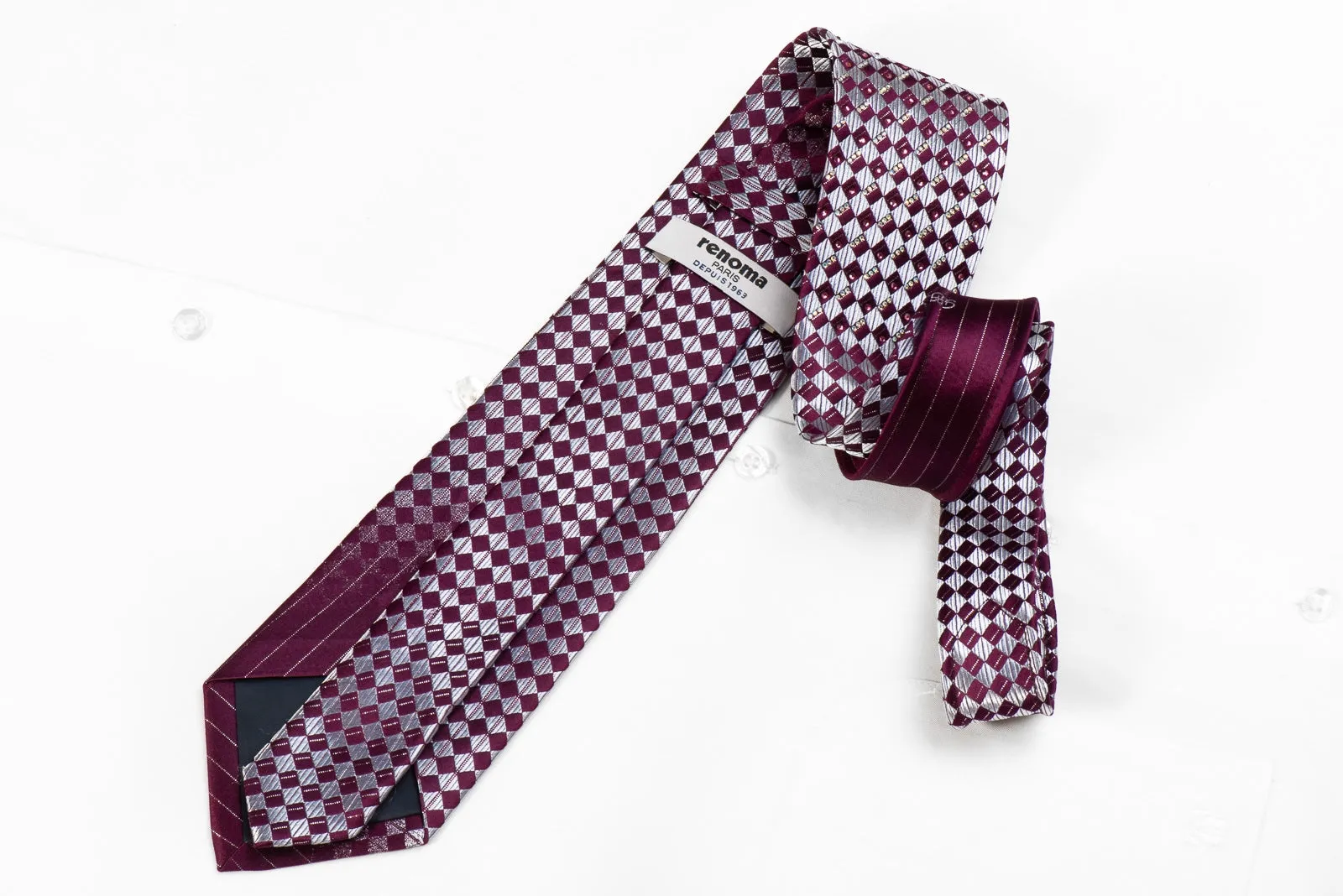 Renoma Mens Crystal Silk Necktie Silver Purple Checkered With Silver Sparkles