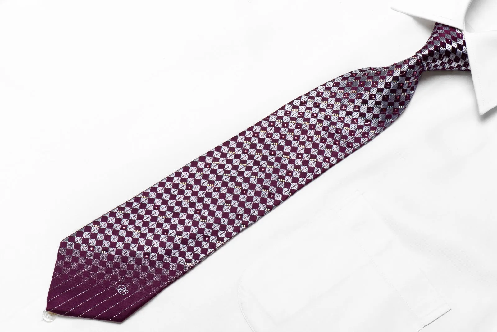 Renoma Mens Crystal Silk Necktie Silver Purple Checkered With Silver Sparkles
