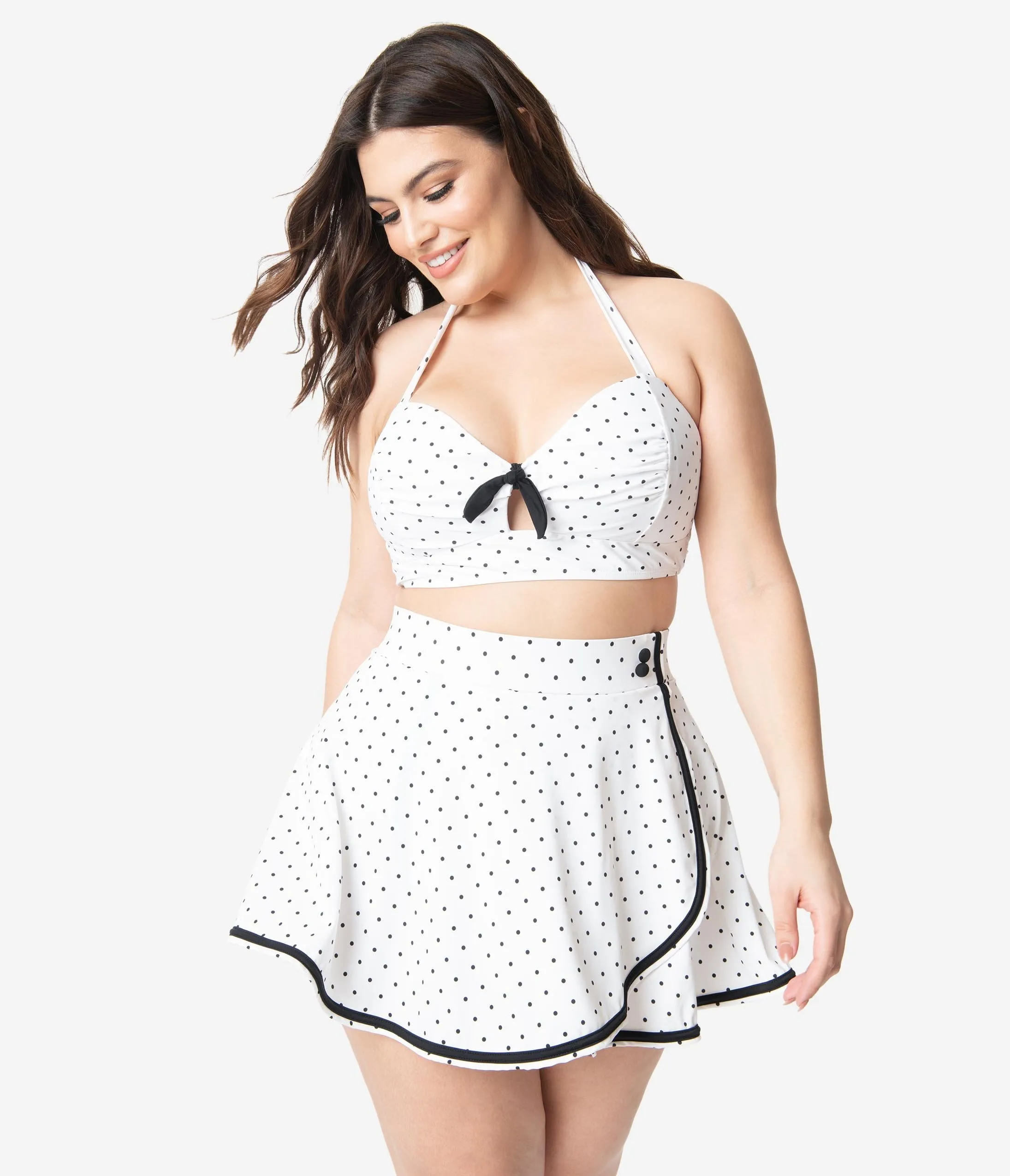 Unique Vintage Plus Size 1950s Mrs. West White & Black Pin Dot Halter Swim Top