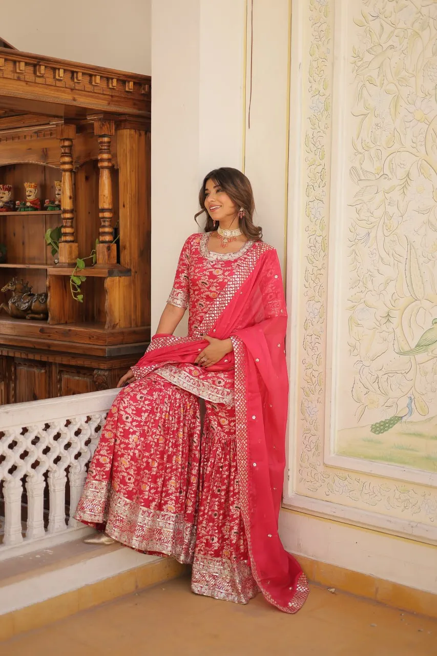Viscose Jacquard Sequined Magenta Kurti with Embroidered Sharara & Russian Silk Dupatta