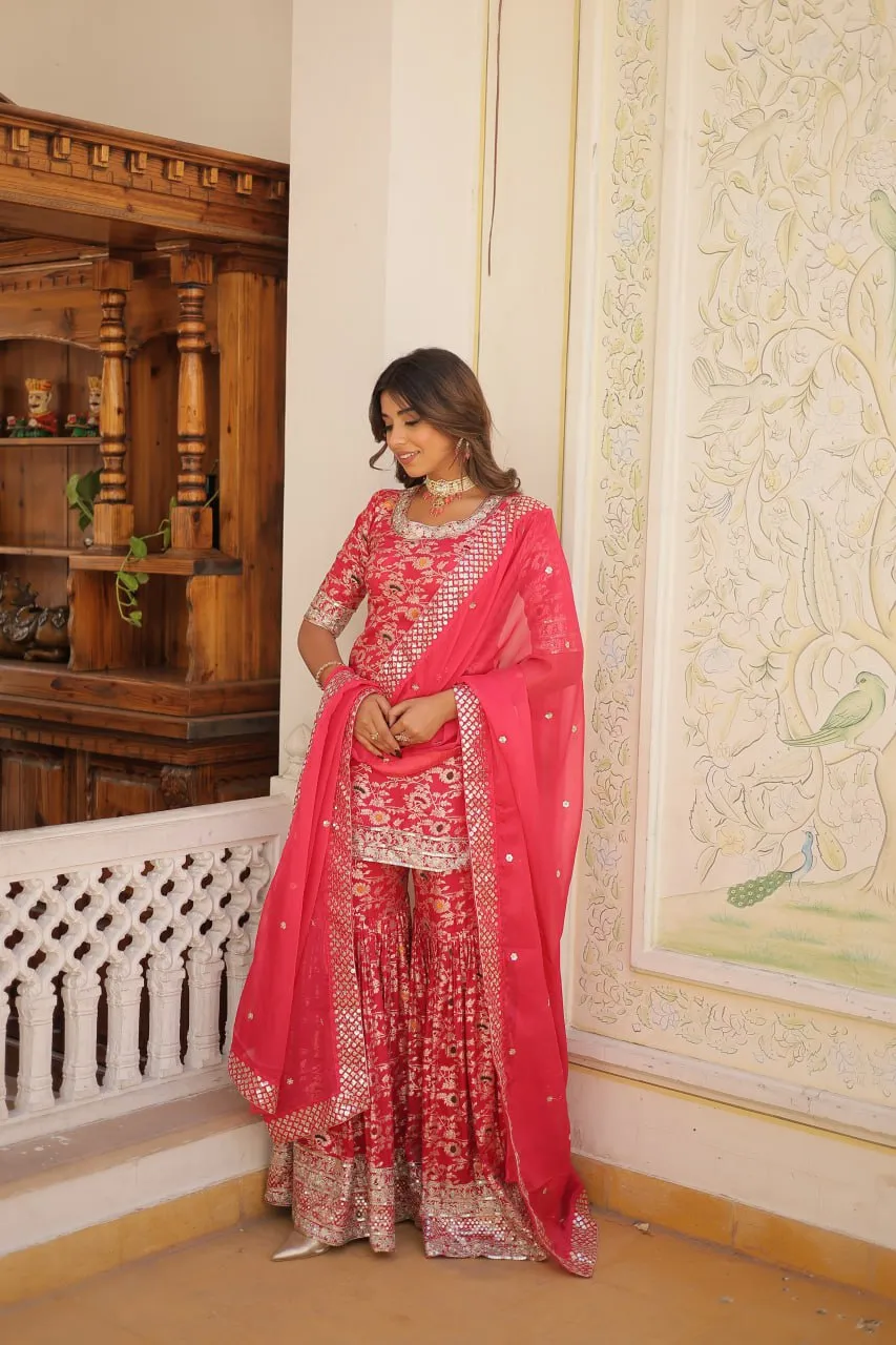 Viscose Jacquard Sequined Magenta Kurti with Embroidered Sharara & Russian Silk Dupatta